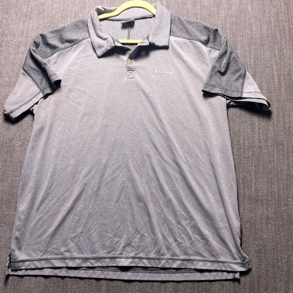 Columbia Sportswear Polo Shirt Mens XL Gray Striped Logo Golf Tennis Short Slev